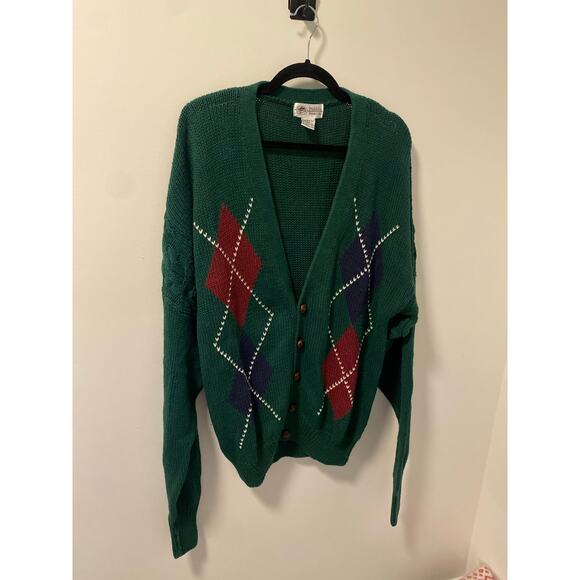 Vintage Pebble Beach Structure Heavy Knit Cardigan Green Argyle Print Size L - Picture 10 of 10